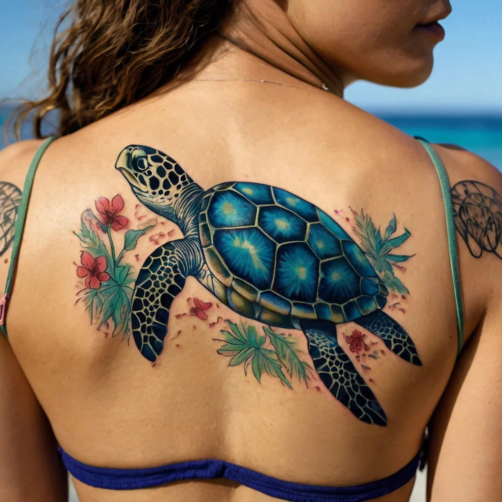 Colorful sea turtle tattoo with vibrant blue shell, surrounded by red flowers and green leaves, on the upper back.