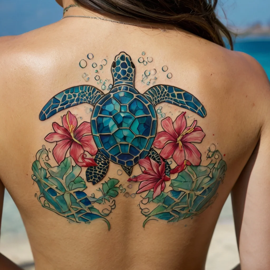 A vibrant sea turtle with mosaic shell swims amid red hibiscus flowers and seaweed on a person's back.