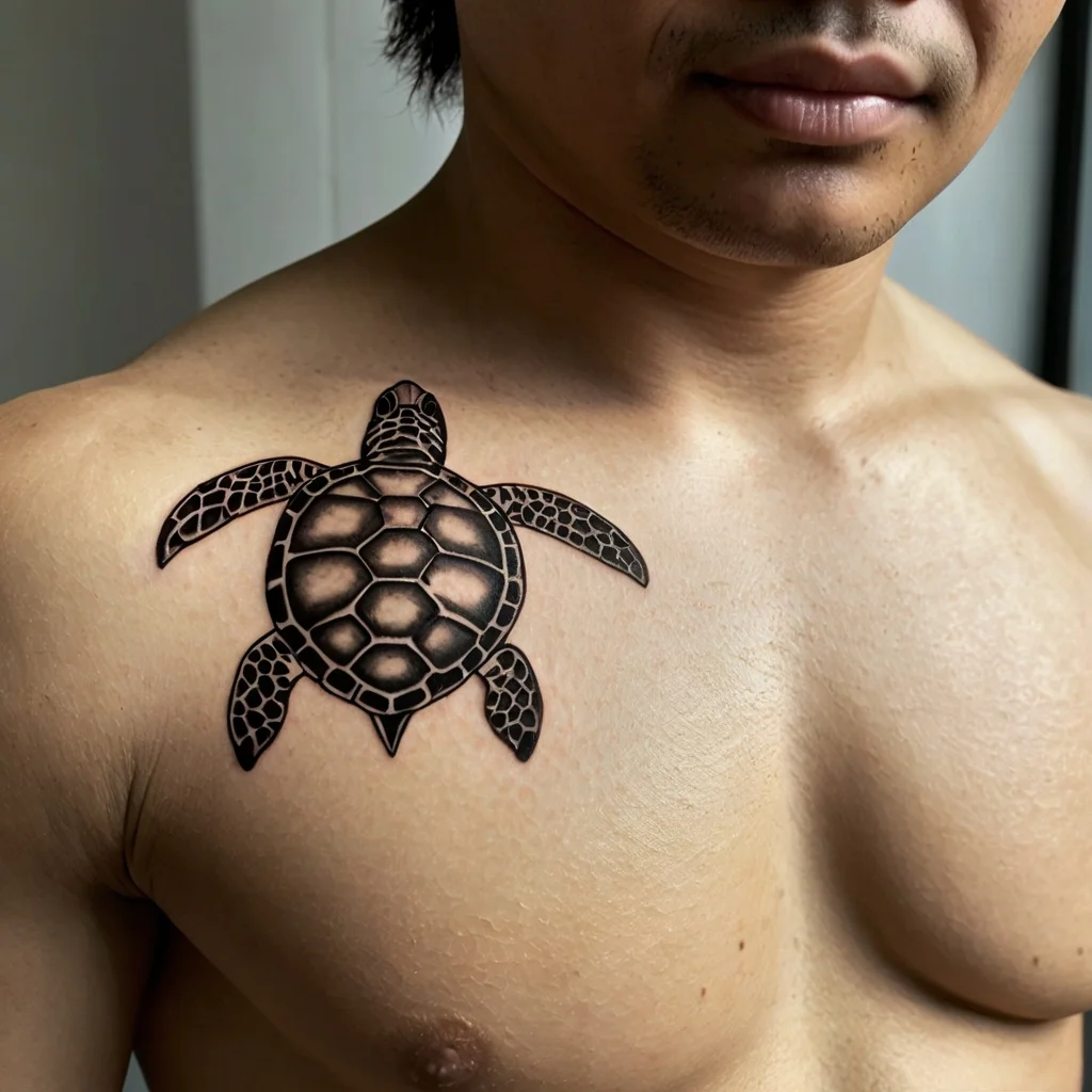 Tattoo of a detailed sea turtle with shading, positioned on the upper chest, symbolizing longevity and navigation.