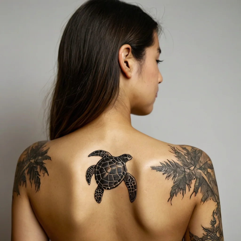 Black ink sea turtle tattoo centered on upper back, surrounded by tropical palm tree designs on shoulders.