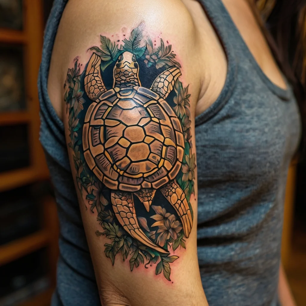 Realistic turtle tattoo on upper arm, surrounded by vibrant green leaves, showcasing intricate shell details and shading.