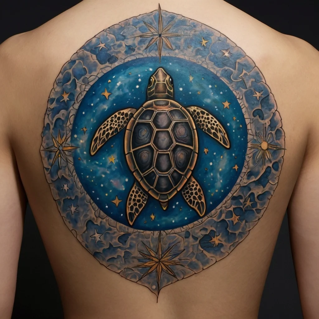 Back tattoo of a sea turtle surrounded by a celestial background with stars, clouds, and compass-like details.