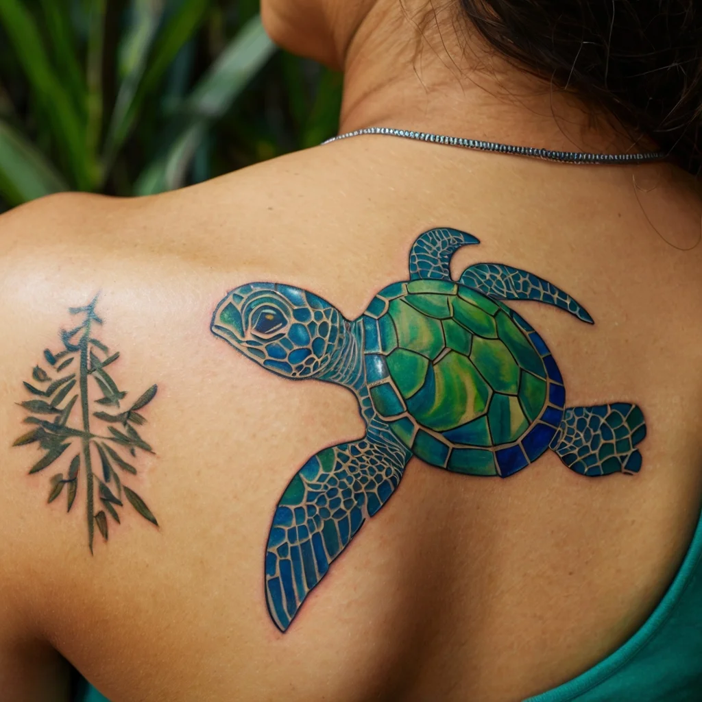 Colorful sea turtle tattoo on shoulder, featuring intricate green and blue patterns; next to it, a black stylized leaf.