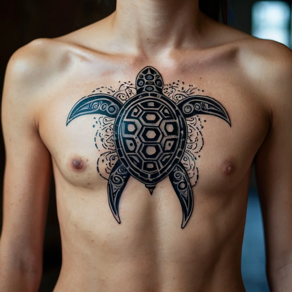 Stylized tribal turtle tattoo on chest, featuring intricate geometric patterns and swirling details around the shell.