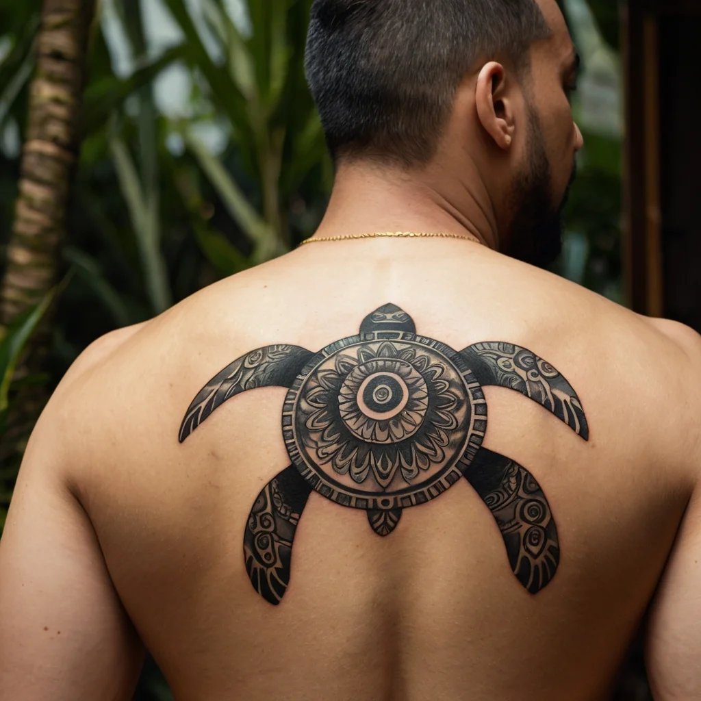 Intricate tribal turtle tattoo with geometric patterns, symbolizing protection and longevity, centered on the upper back.