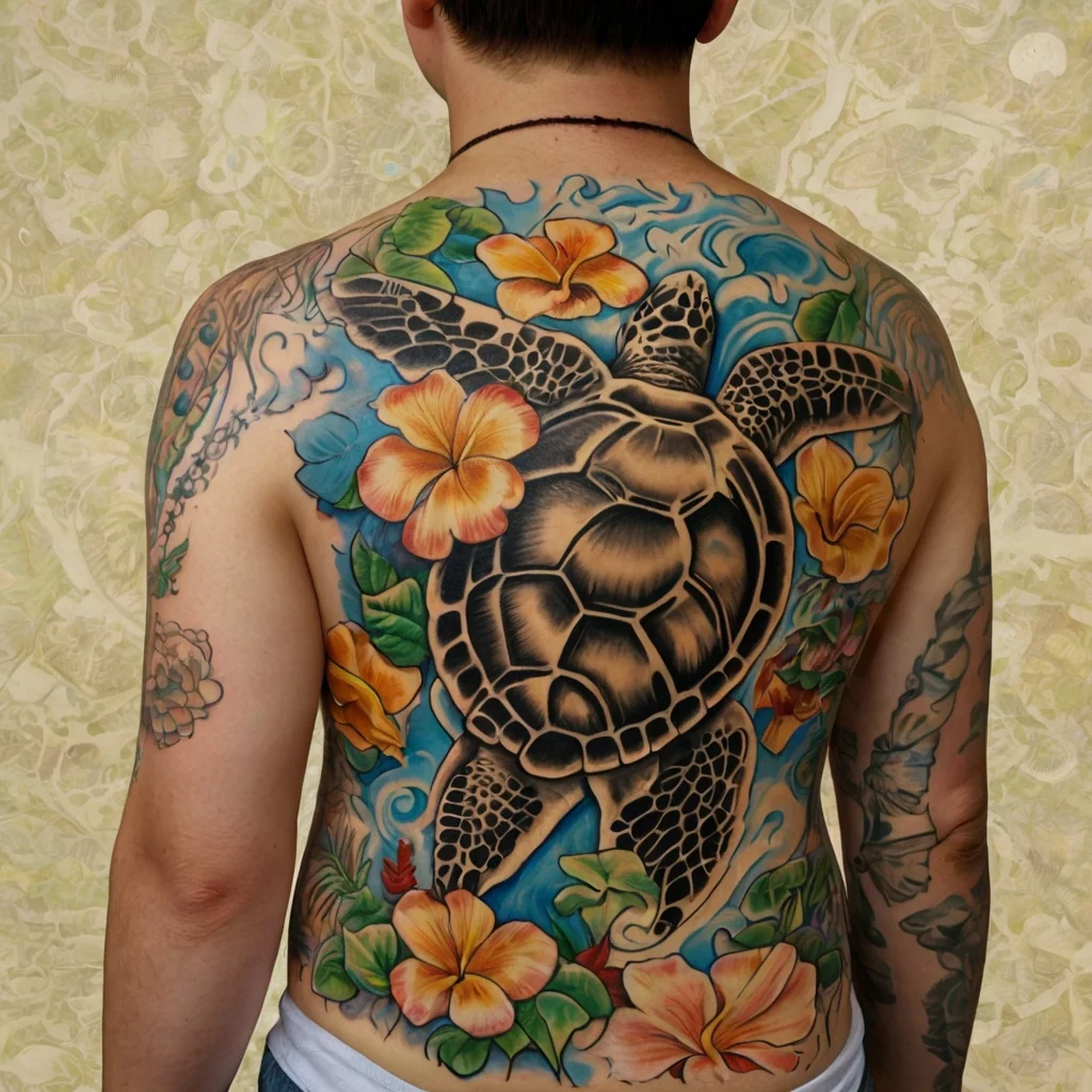 Back tattoo of a sea turtle with vibrant hibiscus flowers and waves, symbolizing harmony and connection with nature.