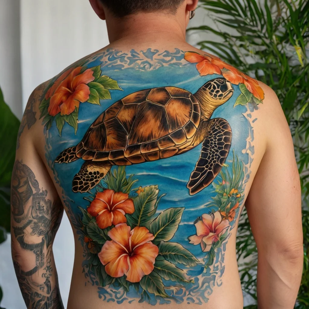 Colorful back tattoo of a sea turtle swimming amid hibiscus flowers and tropical foliage, set against a blue background.