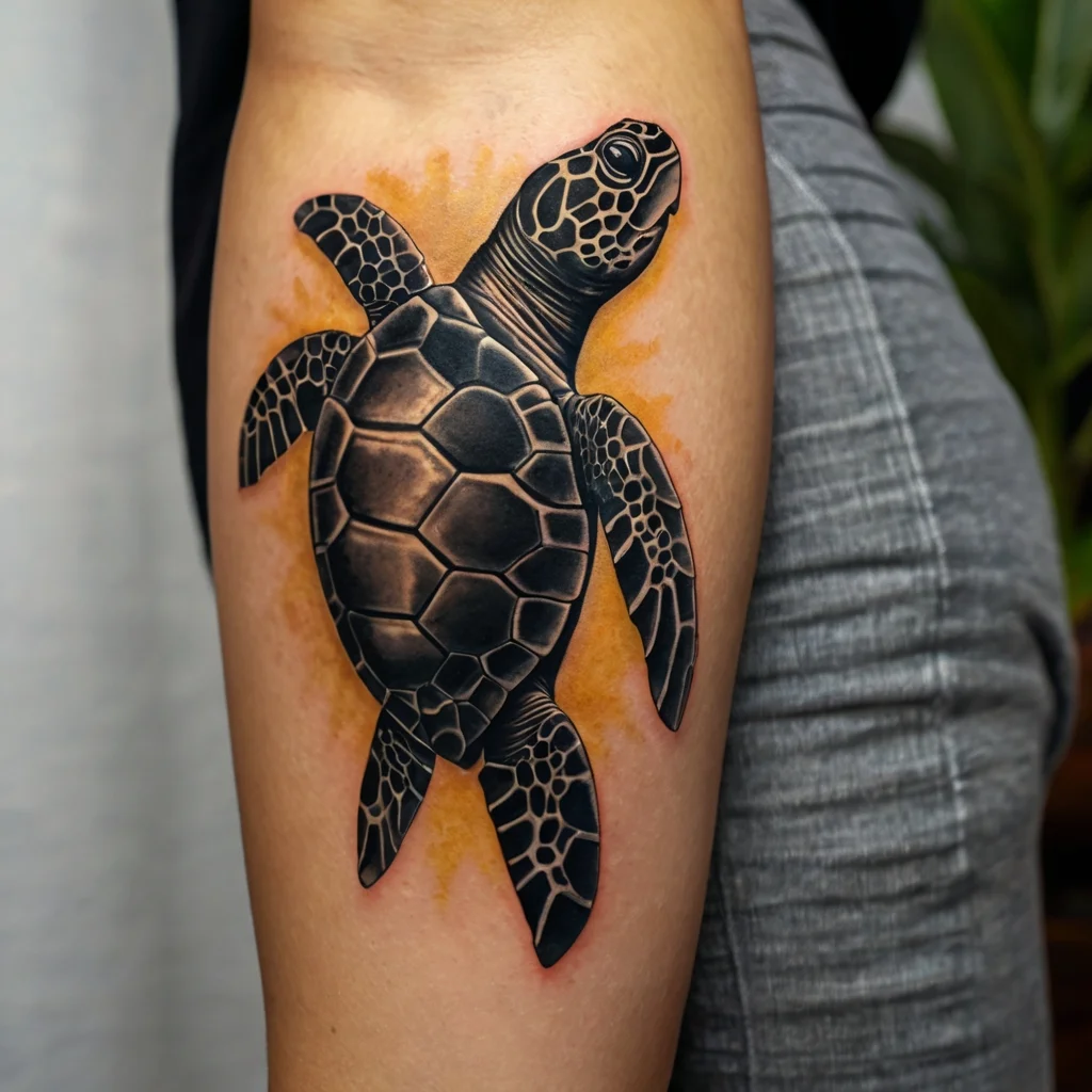 Realistic sea turtle tattoo with bold black shading and subtle orange background on forearm.