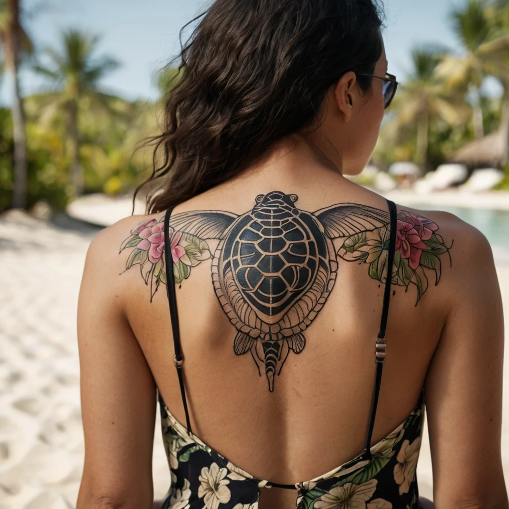 Back tattoo of a black tribal sea turtle with floral accents of pink flowers and green leaves on the shoulders.