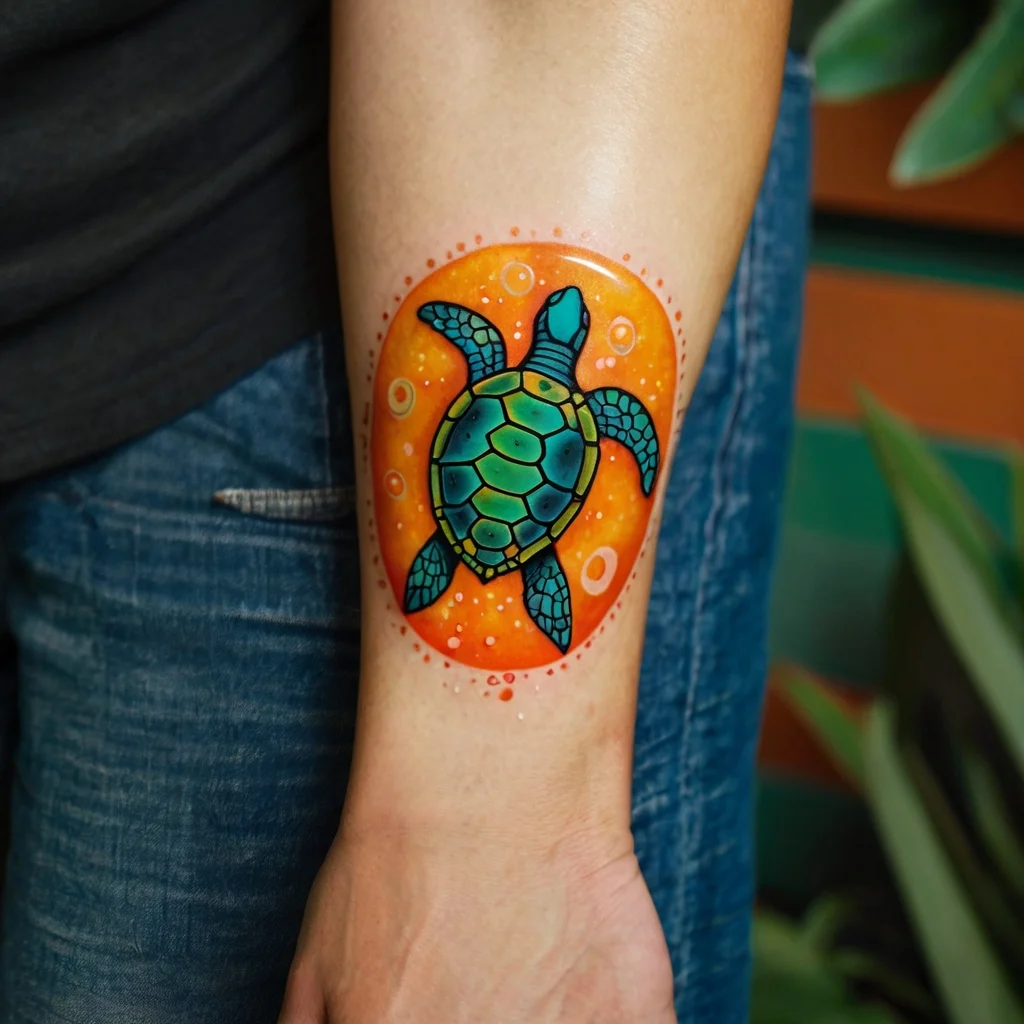 A vibrant sea turtle tattoo with teal shell and flippers, set against a bright orange background with white bubbles.