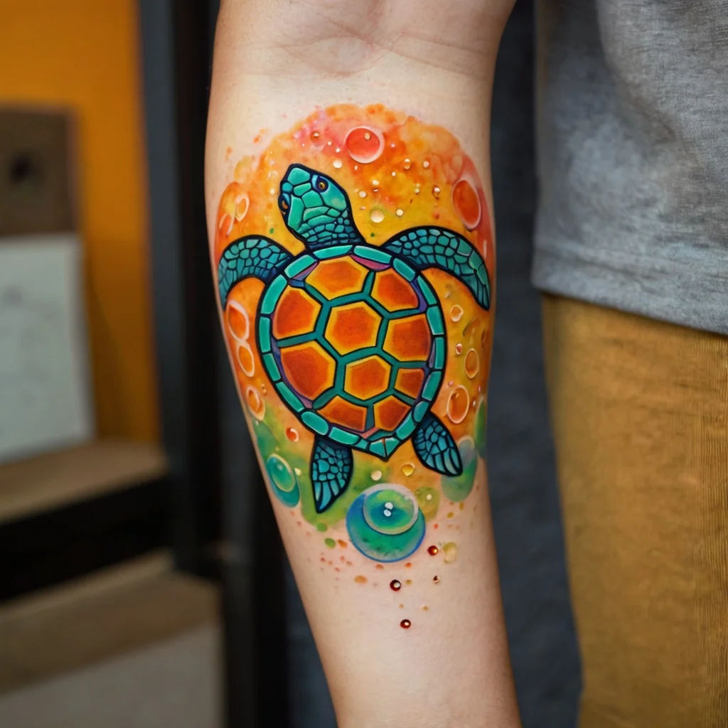 Colorful sea turtle tattoo with vibrant, geometric patterns and a bright, water-themed background on forearm.