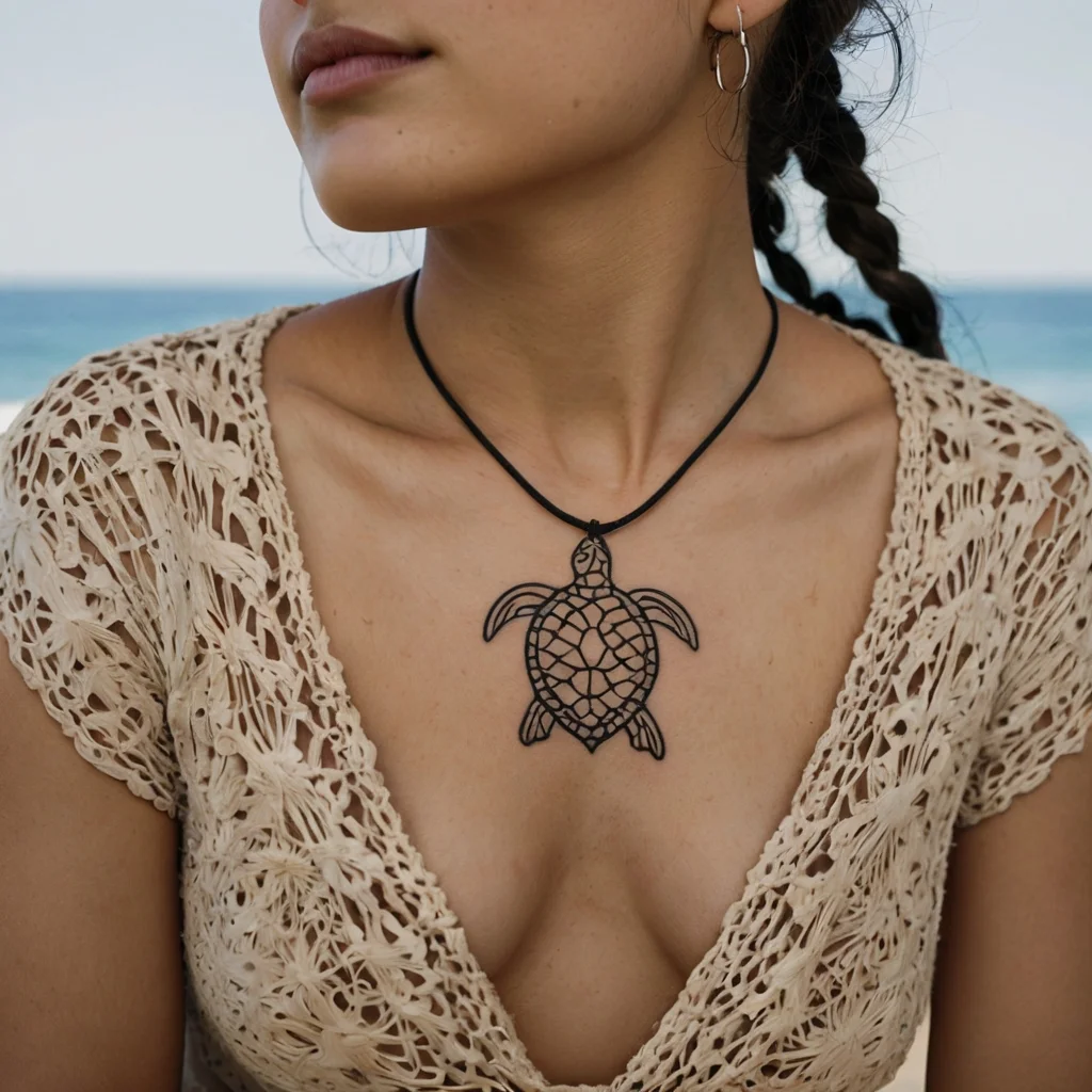 A geometric sea turtle tattoo with a mosaic pattern, symbolizing longevity and wisdom, placed centrally below the collarbone.