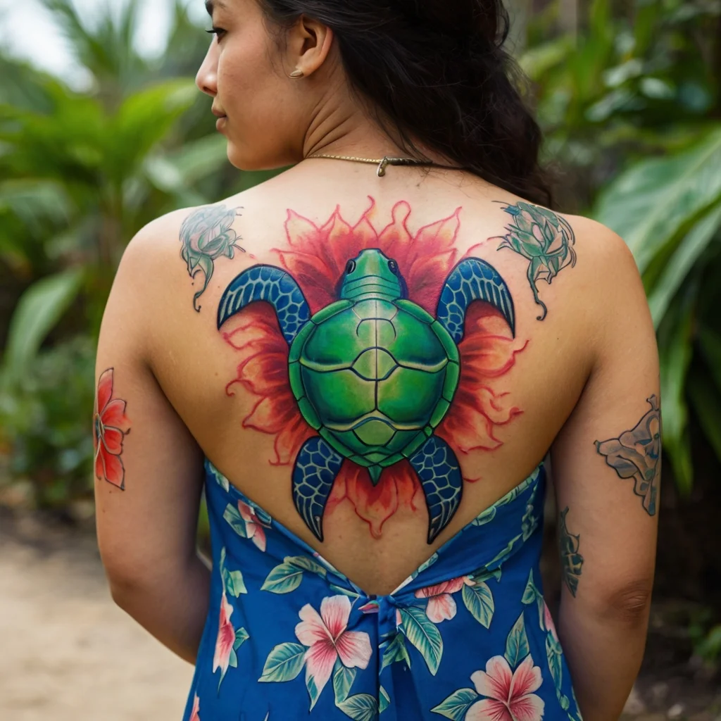 A vibrant green turtle tattoo on a woman's upper back, surrounded by a red floral design, symbolizing harmony and nature.