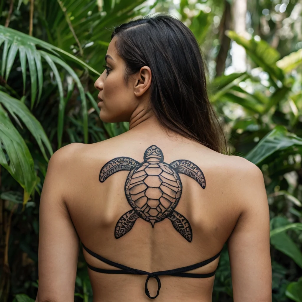 Tattoo of a sea turtle with intricate tribal patterns decorating the flippers, centered on the woman's upper back.