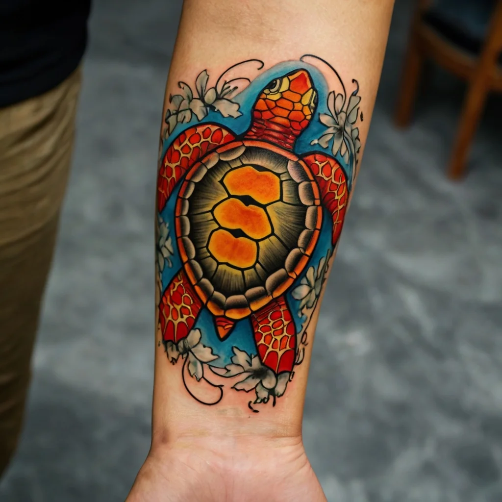 Vibrant sea turtle tattoo with intricate red and orange shell, surrounded by oceanic blue and gray leaves for detail.