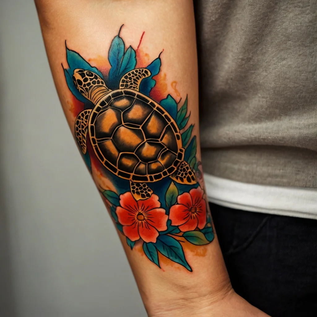 Vibrant tattoo of a turtle with an orange shell, surrounded by teal leaves and red flowers, blending bold colors and crisp lines.