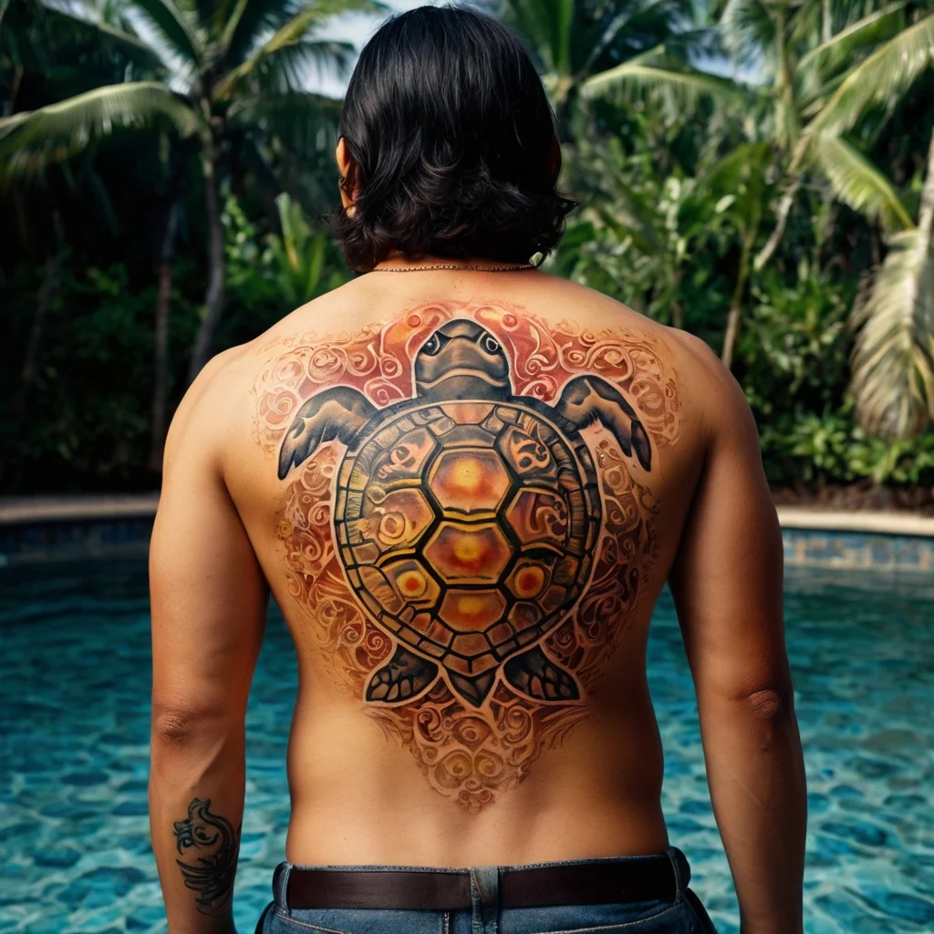 Intricate turtle tattoo encompassing the back, with tribal-inspired details and vibrant orange and black shading.