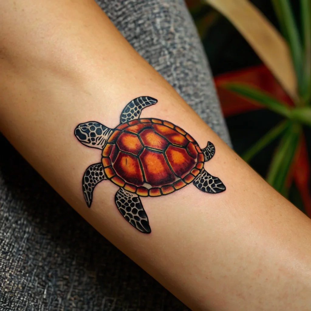 Realistic turtle tattoo in vibrant orange and brown, with detailed shell and flippers, symbolizing longevity and wisdom.