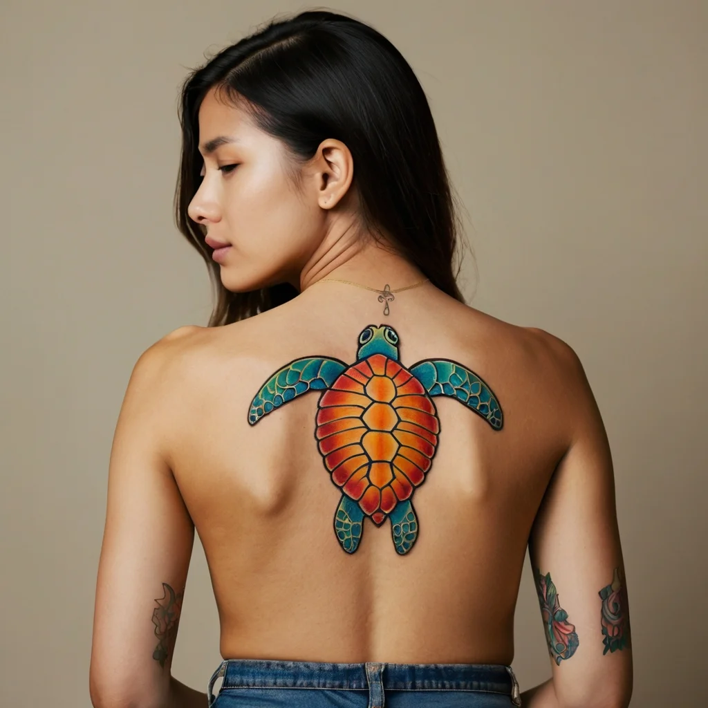 Colorful turtle tattoo on back, showcasing vibrant orange and blue tones with intricate shell patterns.