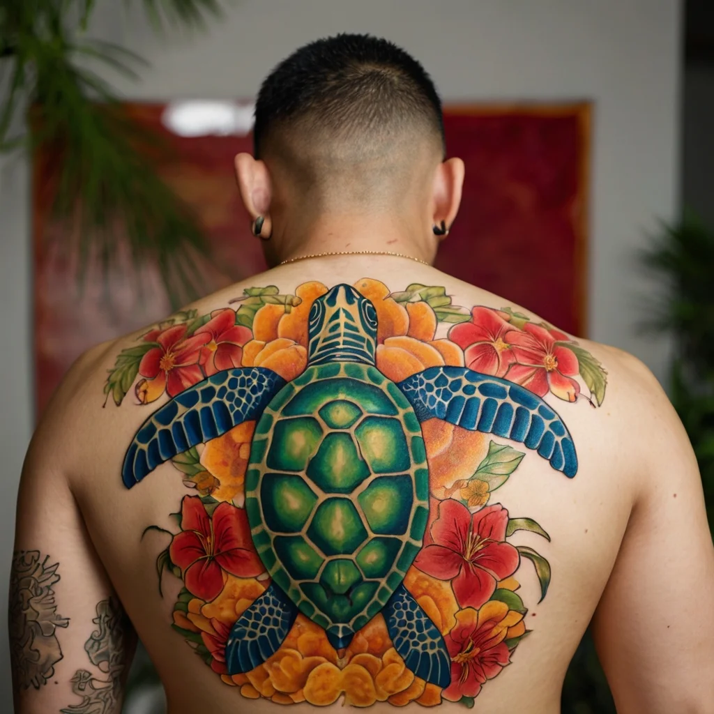 Vivid sea turtle tattoo with blue shell, surrounded by red and orange hibiscus flowers, covering the upper back.