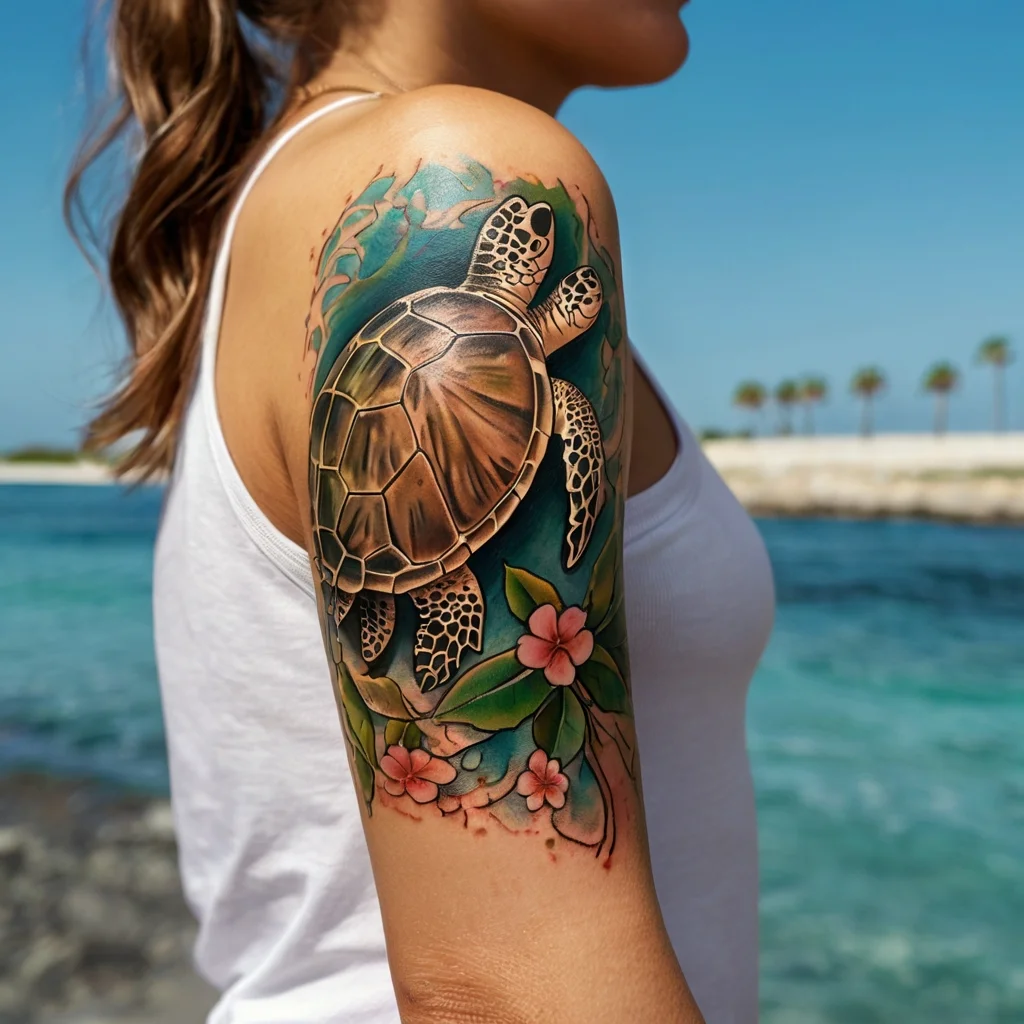 Colorful sea turtle tattoo on upper arm with flowers and leaves, set against a vibrant oceanic background.