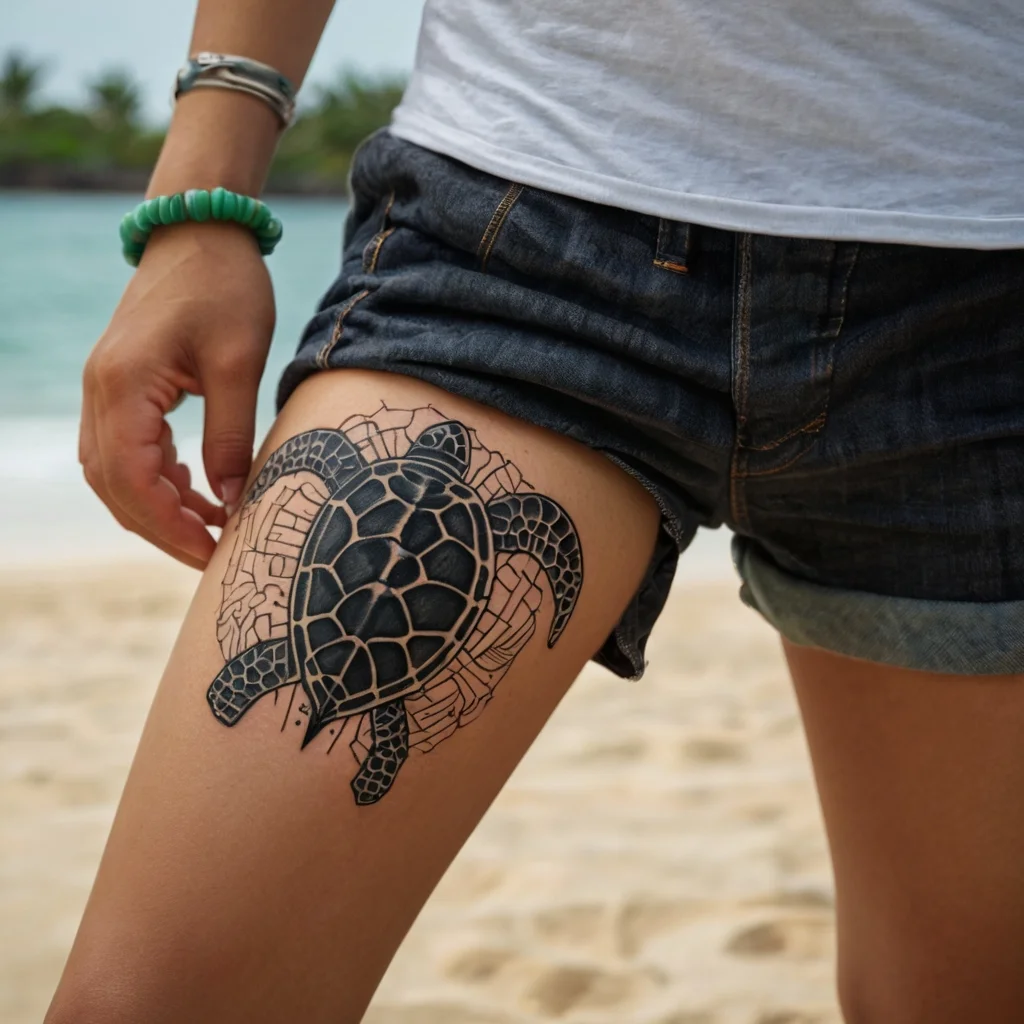 Tattoo of a sea turtle with a geometric shell design on the thigh, symbolizing wisdom and perseverance.