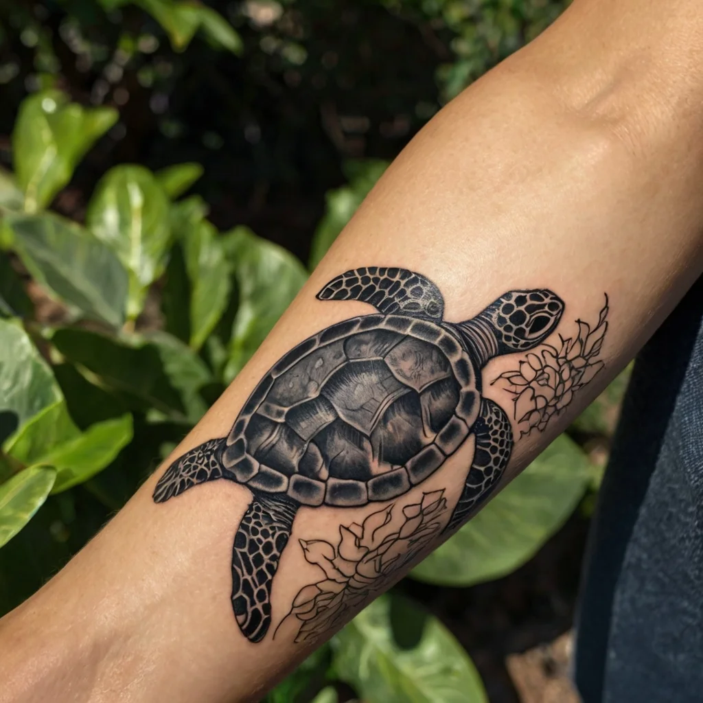 Realistic turtle tattoo with intricate shell details and floral accents, symbolizing longevity and harmony on the forearm.