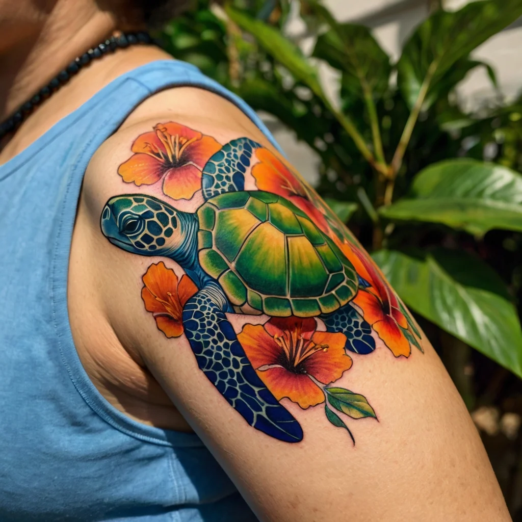 Colorful sea turtle and hibiscus flowers tattoo on a shoulder, blending vibrant blues, greens, oranges, and yellows.