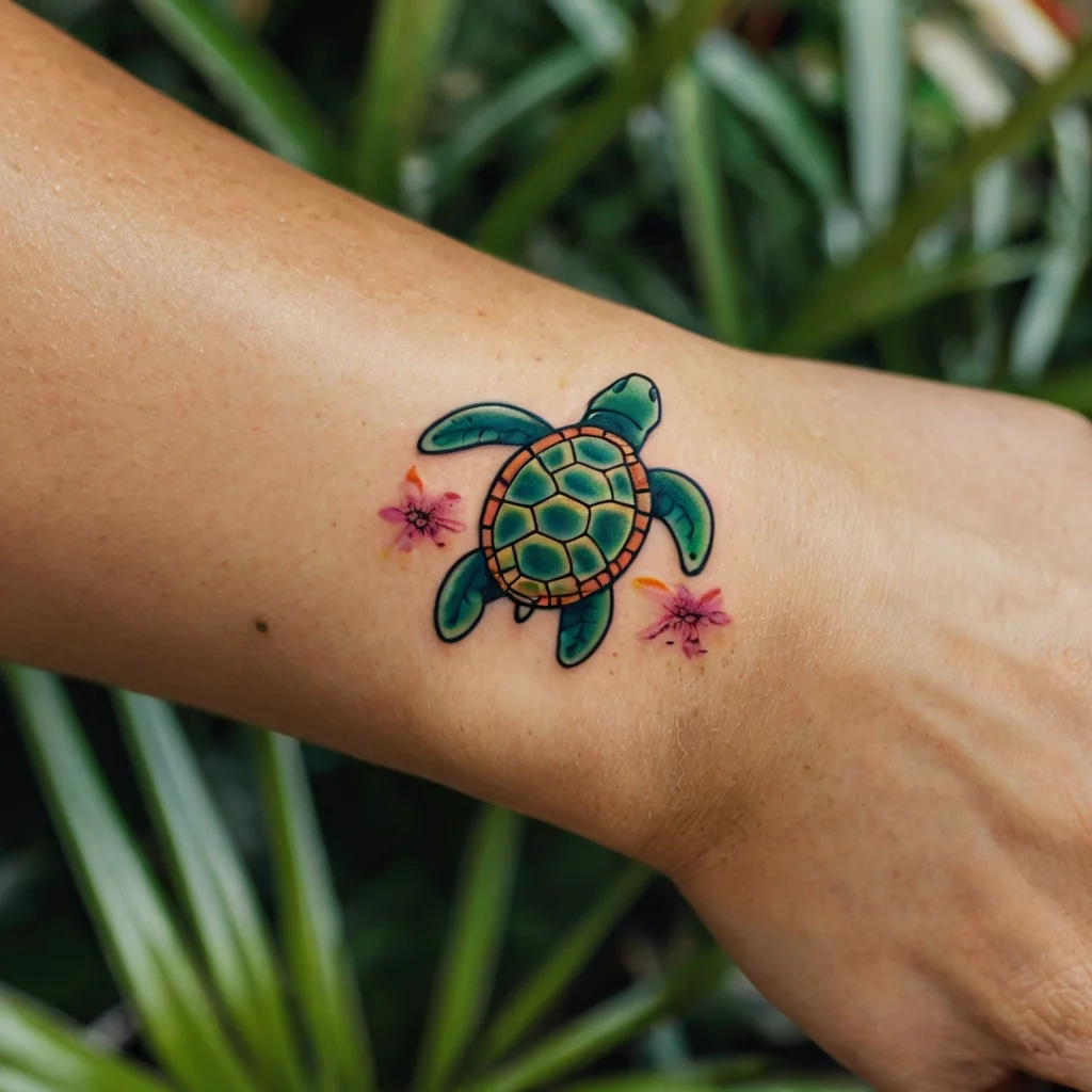 A vibrant green sea turtle tattoo with detailed shell, surrounded by pink flowers, symbolizing protection and tranquility.