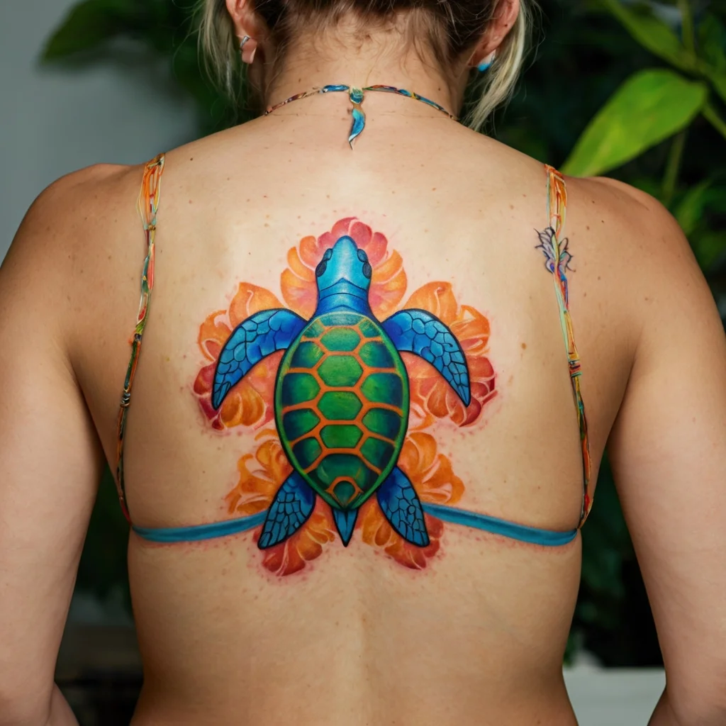 Colorful sea turtle tattoo with a blue and green shell, surrounded by vivid orange floral accents on the back.