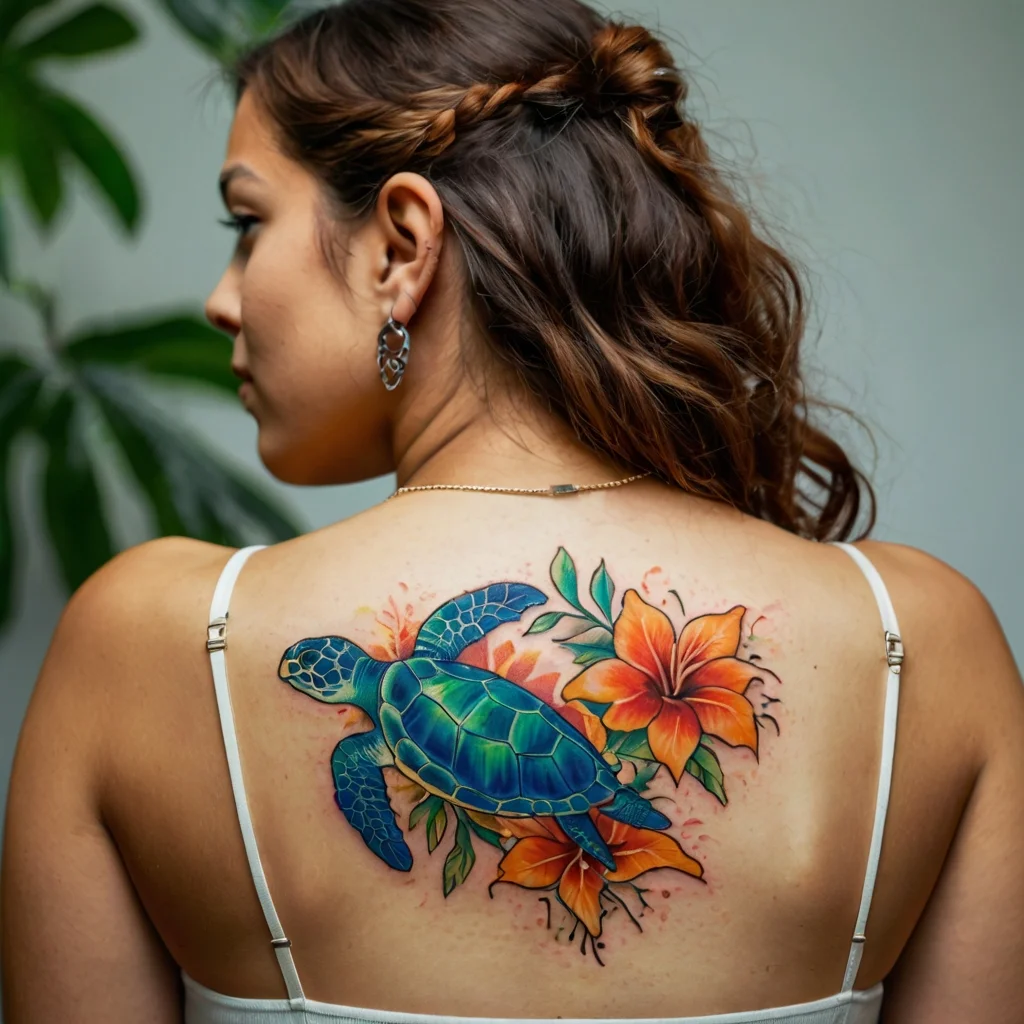 Colorful tattoo of a sea turtle with vibrant blue shell, surrounded by bright orange lilies, on upper back.