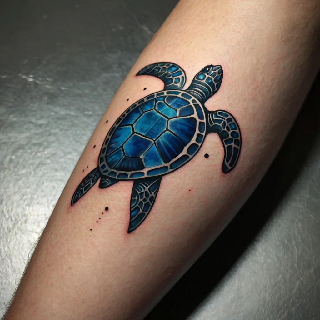 A vibrant blue sea turtle tattoo with intricate shell patterns, surrounded by subtle black dots for depth.