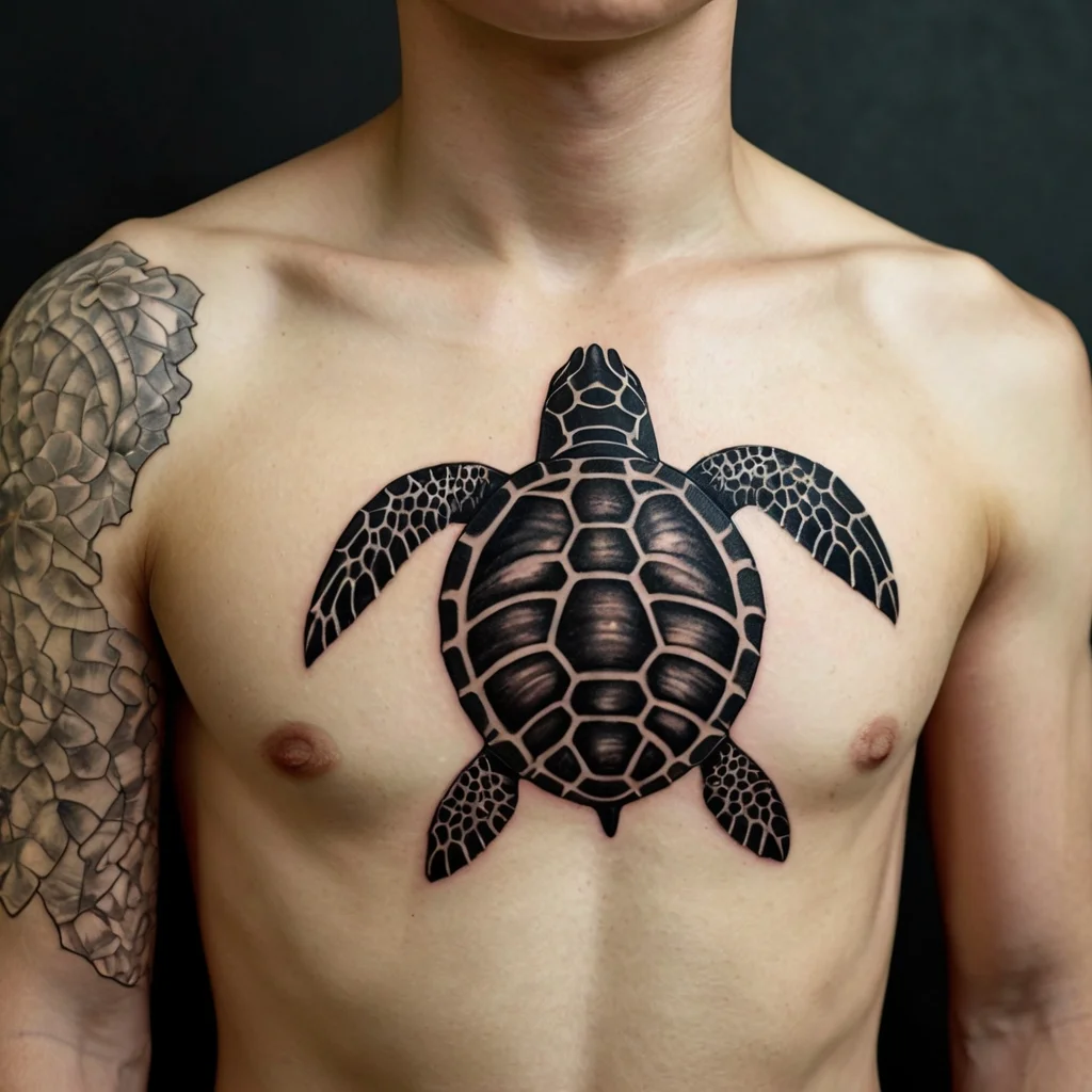 Tattoo of a large, intricately shaded sea turtle on the chest; shoulder adorned with a detailed floral design.