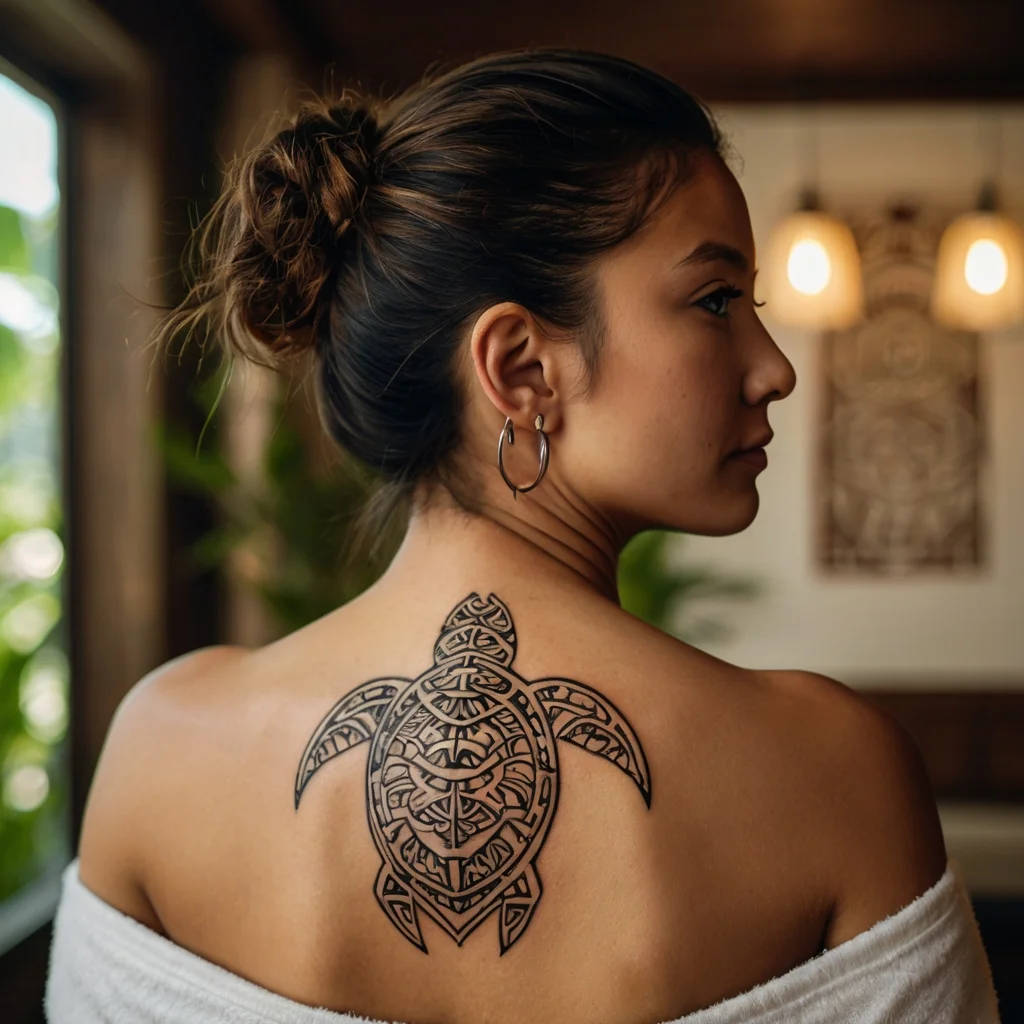 Tribal sea turtle tattoo with intricate geometric patterns on the upper back, symbolizing protection and strength.