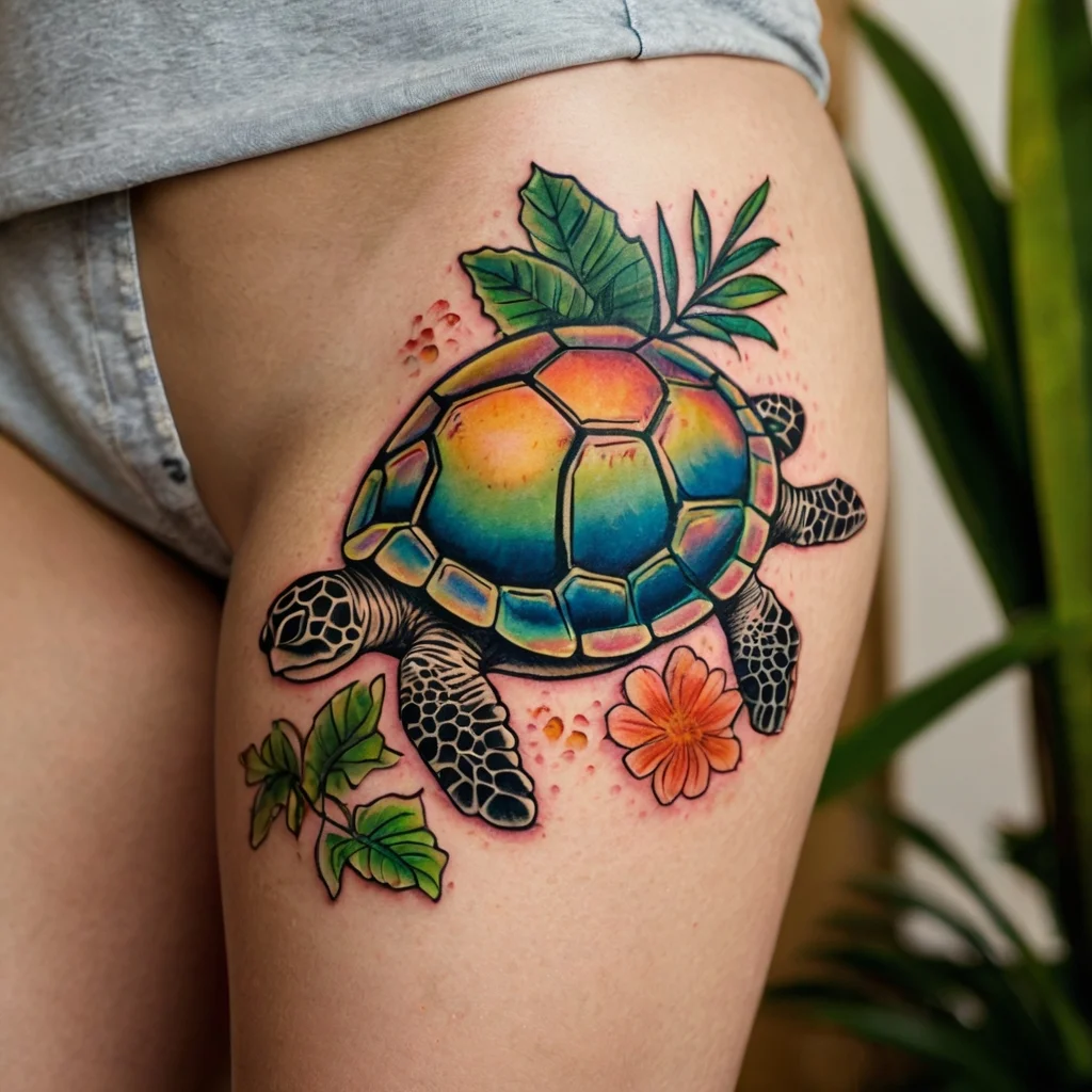 Colorful turtle tattoo with a rainbow shell, surrounded by leaves and flowers on the upper thigh, vibrant and bold.