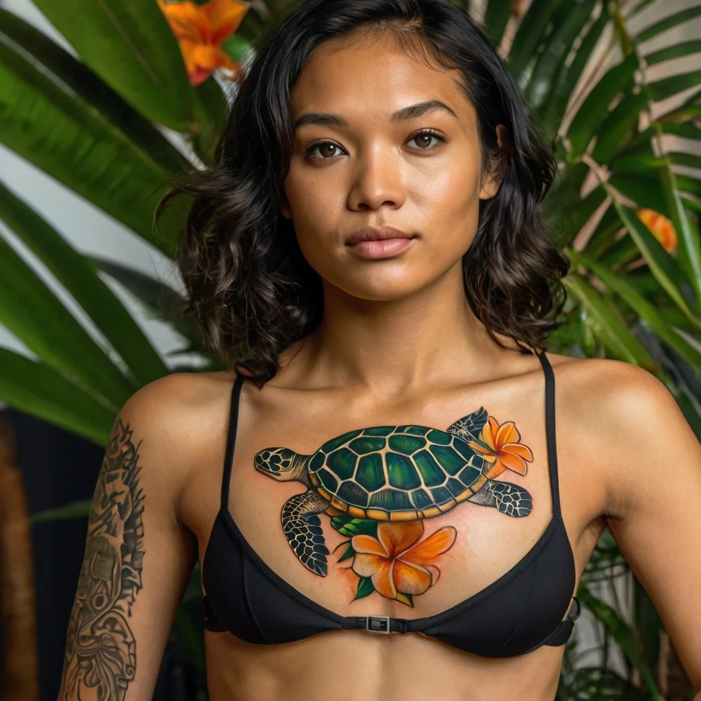 Vibrant tattoo of a sea turtle with detailed shell, surrounded by orange flowers, on the chest. Tropical theme, bold colors.