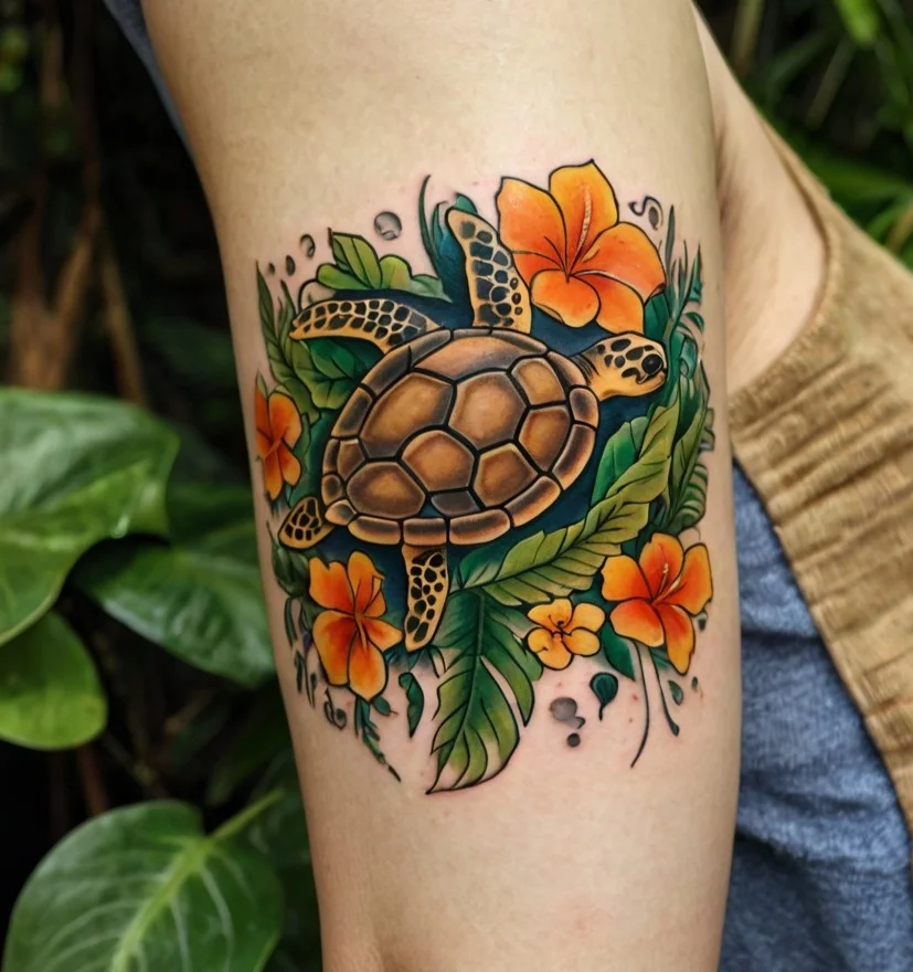 A vibrant tattoo of a sea turtle surrounded by orange hibiscus flowers and lush green leaves, symbolizing tranquility.