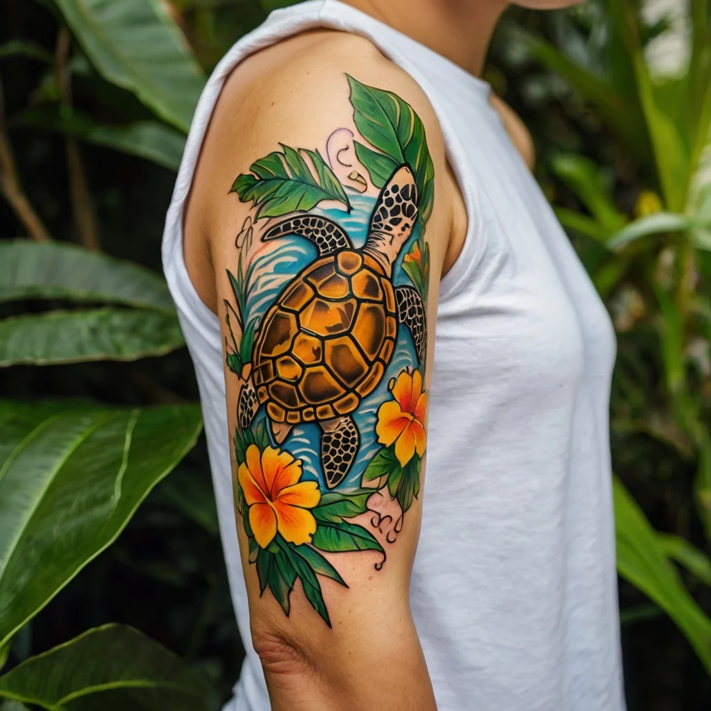 A vibrant sea turtle swims among leaves and orange hibiscus flowers, creating a tropical arm tattoo design.