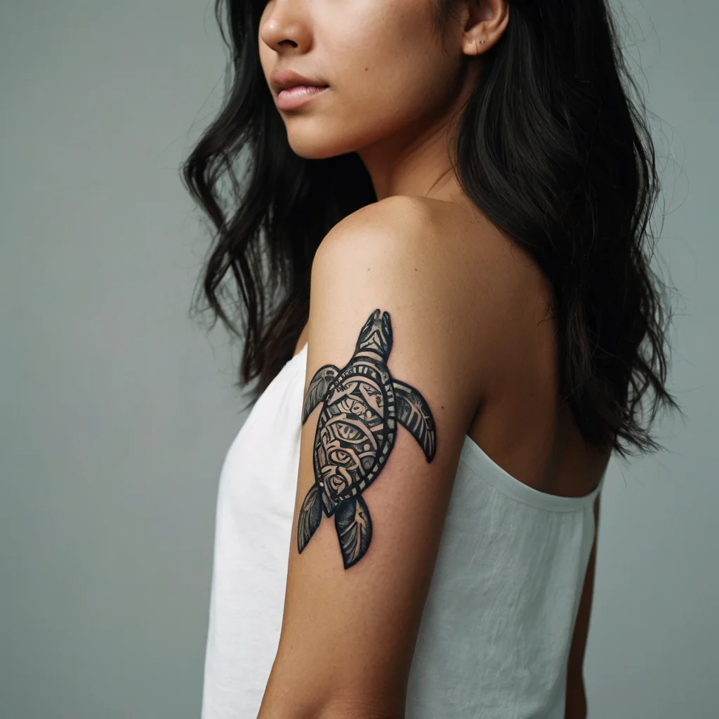 Tattoo of a tribal sea turtle on the upper arm, featuring intricate patterns and bold black lines for a striking effect.