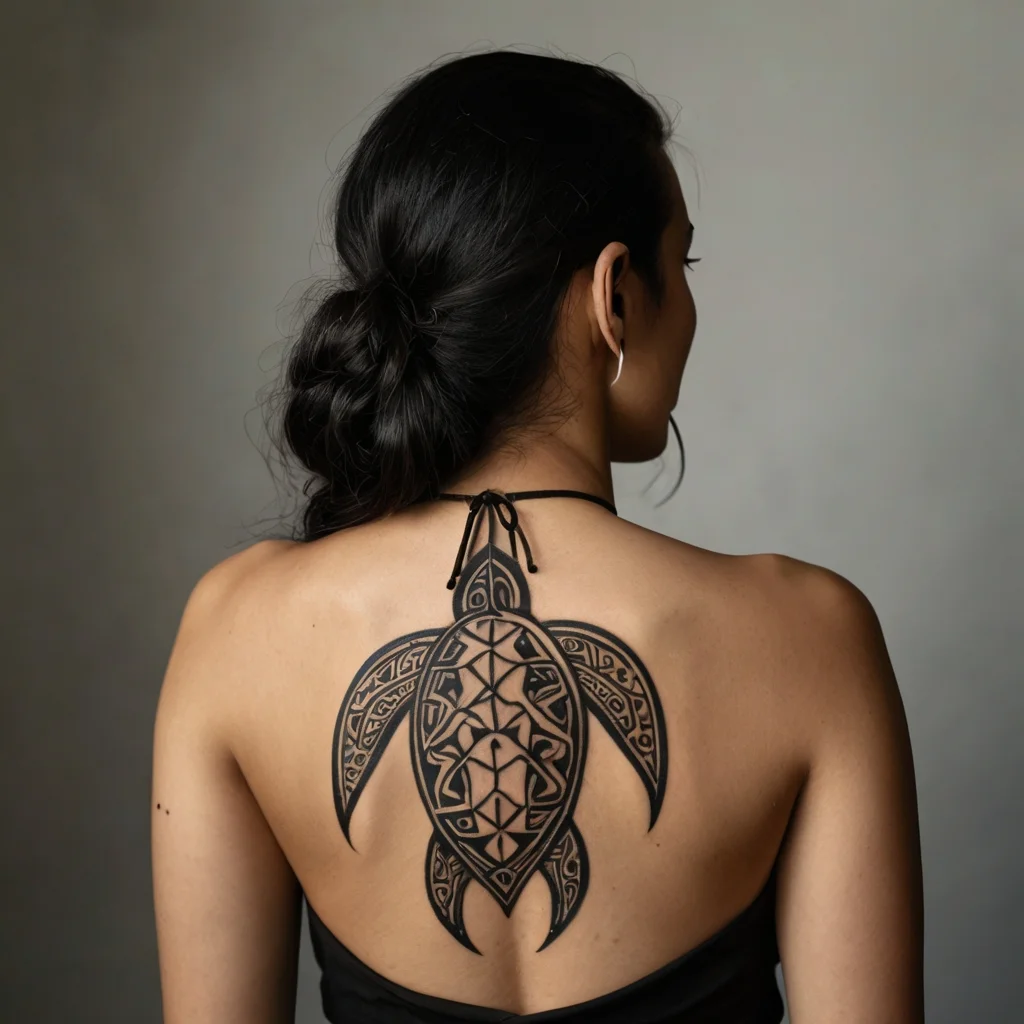 Intricate Polynesian turtle tattoo on a woman's back, featuring geometric patterns symbolizing wisdom and protection.