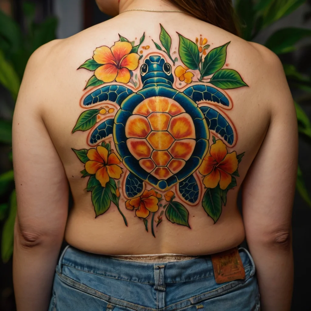 A vibrant sea turtle and hibiscus flower tattoo covers the back, featuring bold colors and intricate detailing.