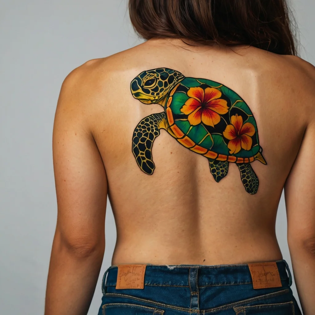 Turtle back tattoo with vibrant hibiscus flowers, detailed shell texture, and rich green and orange tones.