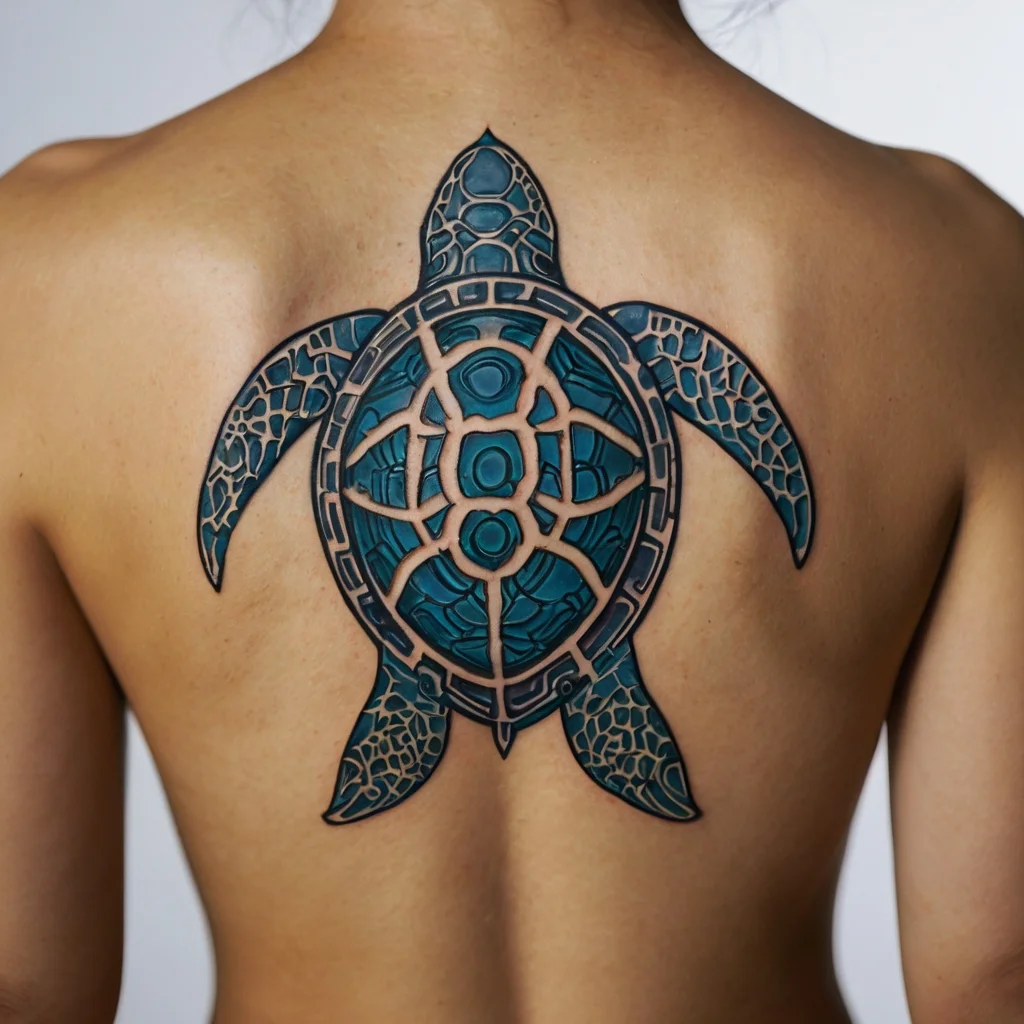 Intricate tribal turtle tattoo with teal and black patterns, symbolizing longevity and strength, centered on the back.