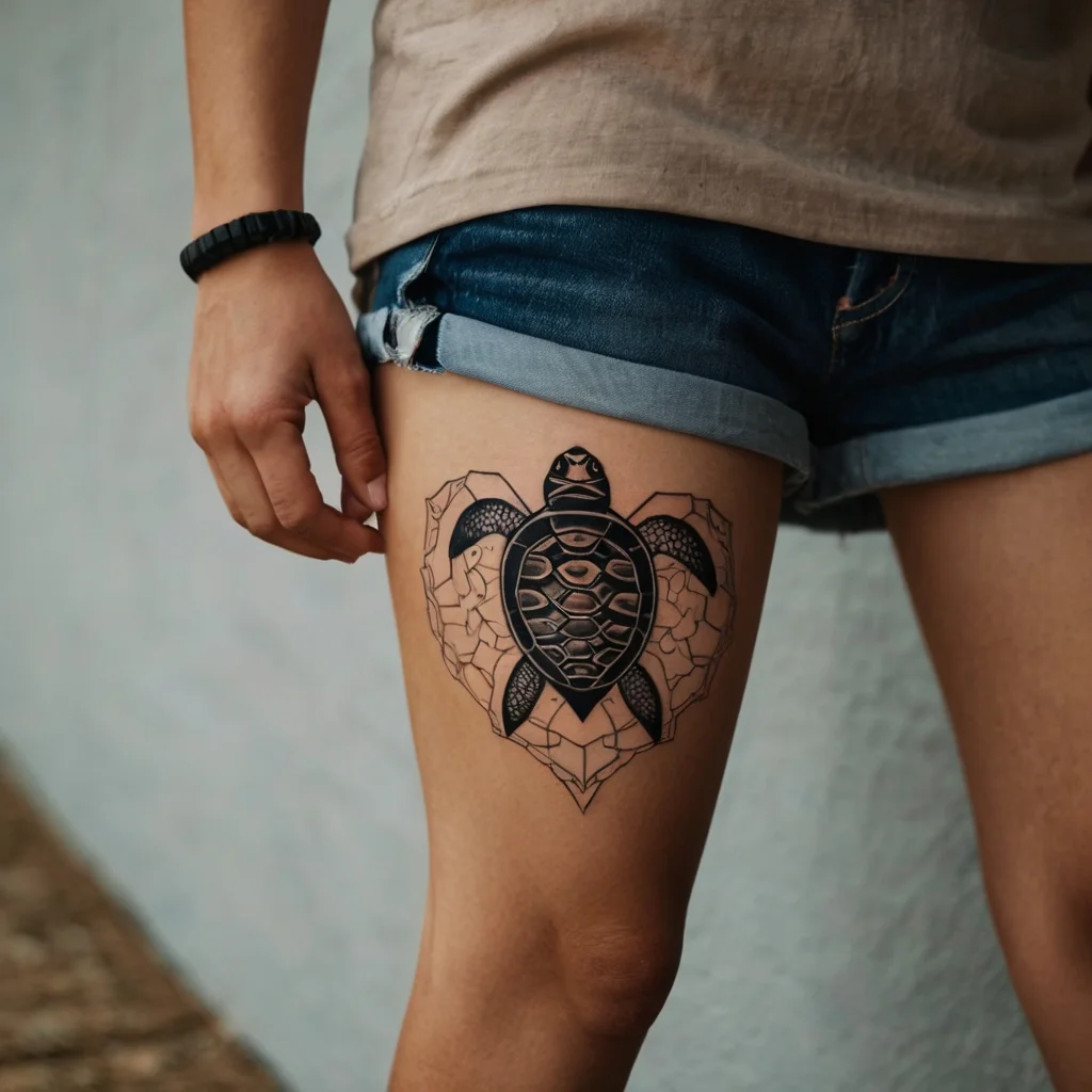 Tattoo of a sea turtle with detailed shell pattern, surrounded by geometric shapes on the thigh.