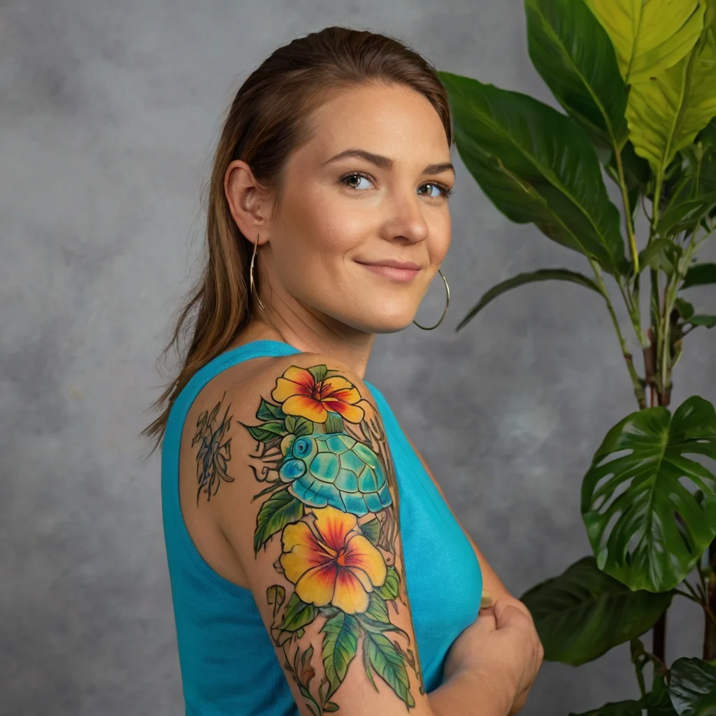 Colorful shoulder tattoo with a blue sea turtle and bright hibiscus flowers, surrounded by green leaves.