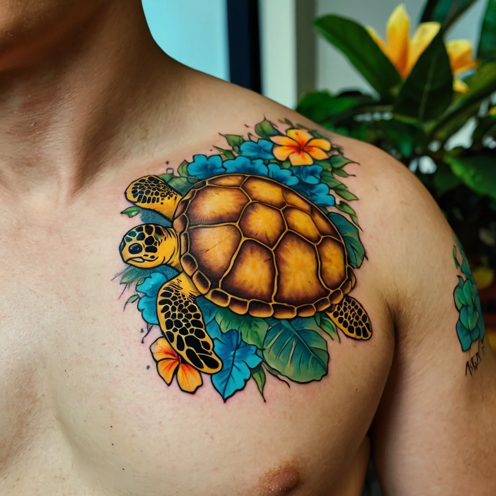 Vibrant sea turtle tattoo on shoulder with bold colors, surrounded by vivid blue and orange flowers, symbolizing resilience.