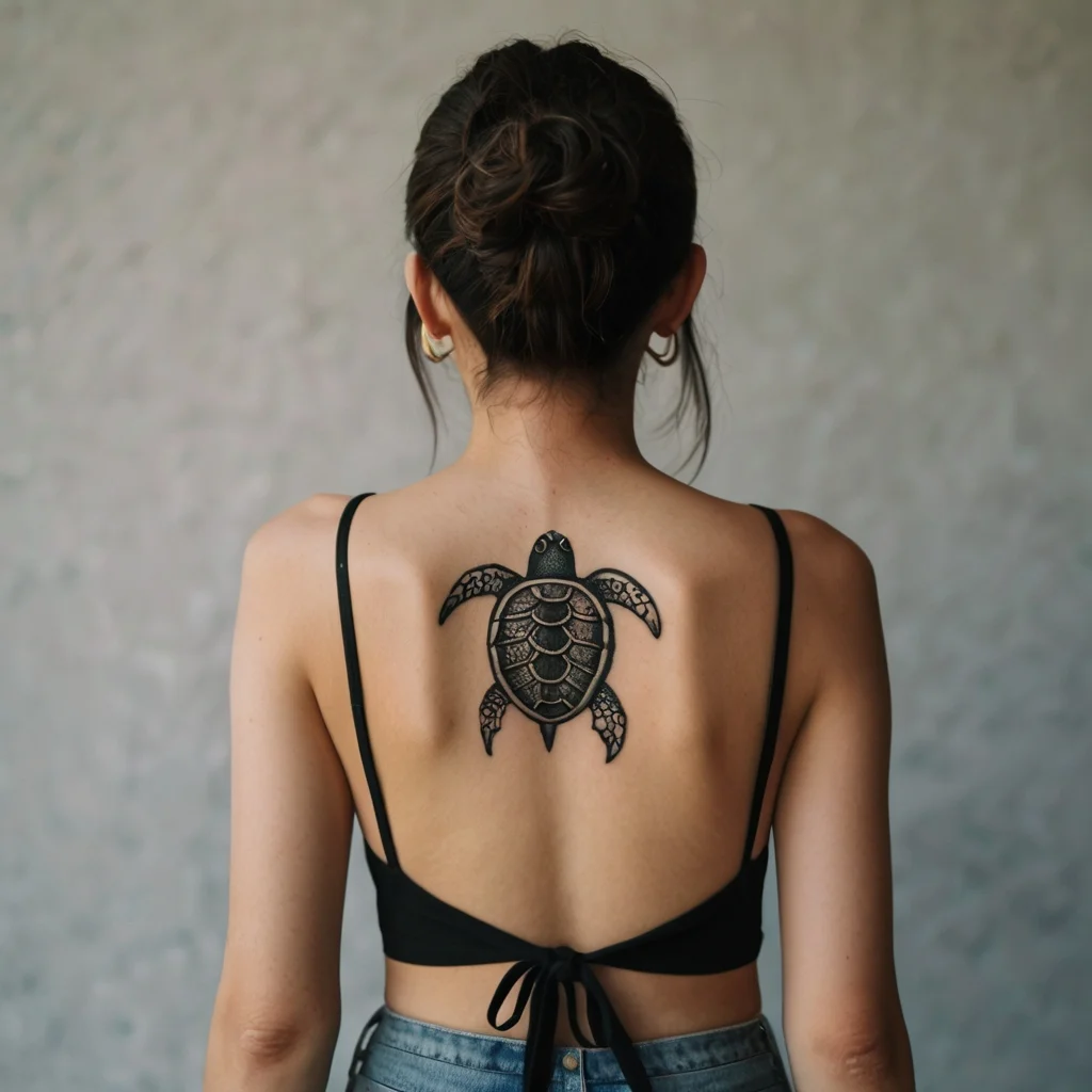 Detailed tribal sea turtle tattoo on upper back, symbolizing longevity and resilience, using bold black ink patterns.