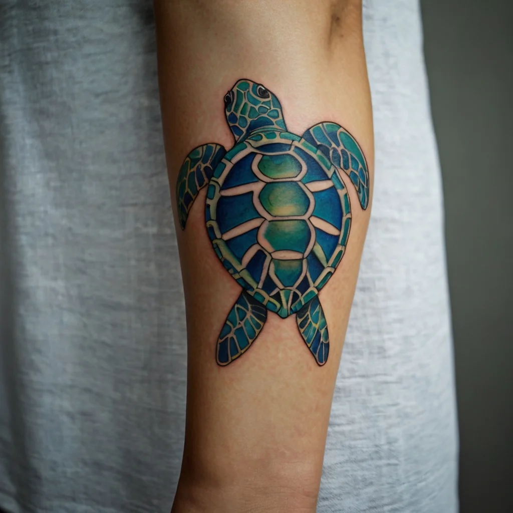 Tattoo of a stylized sea turtle on an arm, featuring vibrant shades of blue and green with bold black outlines.