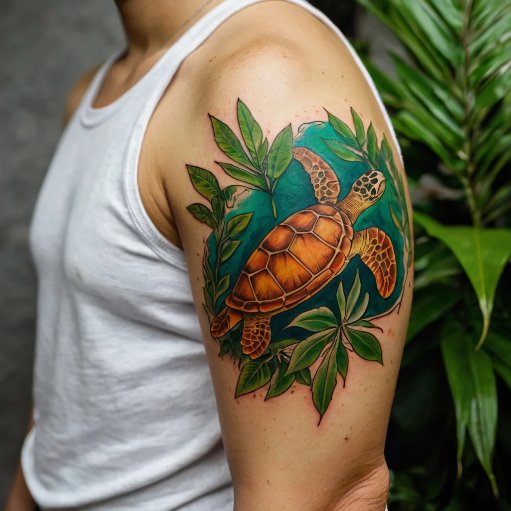 Colorful turtle swimming among green leaves, inked on the upper arm, symbolizing harmony with nature.