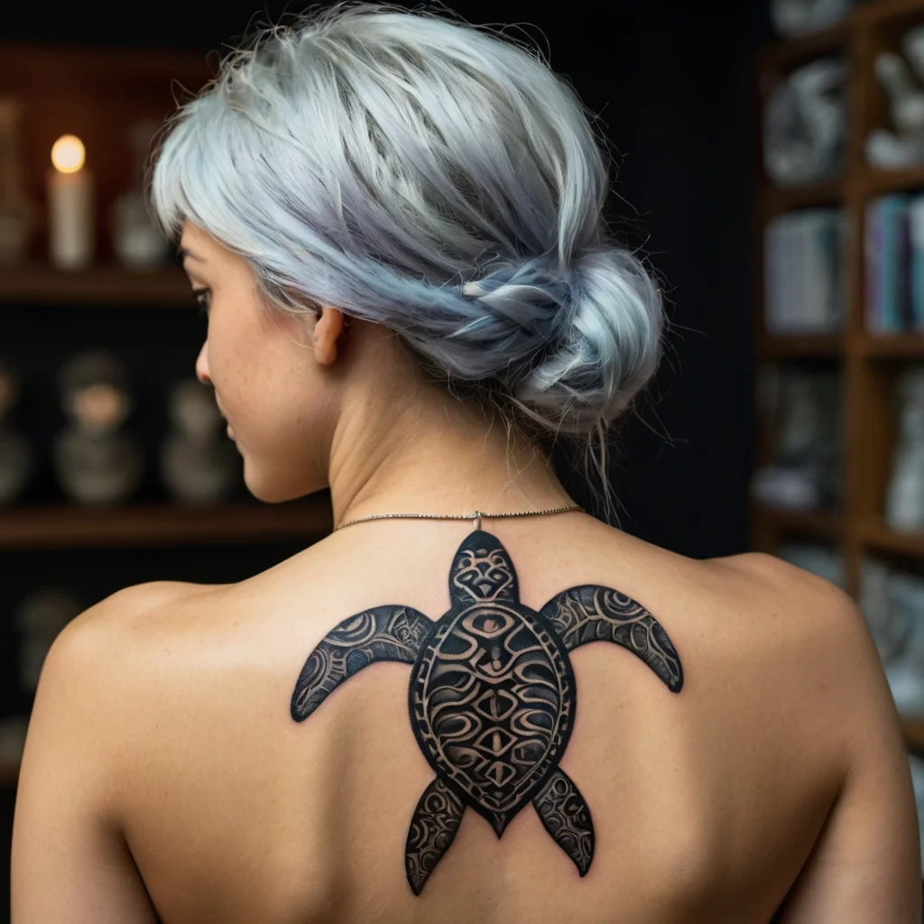 Intricate tribal turtle tattoo design featuring symmetrical patterns and symbols covering the upper back.